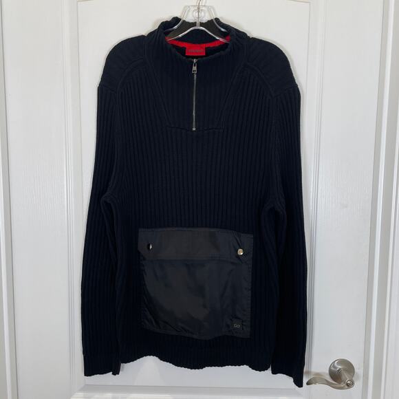 Hugo Boss Mens Syber Sweater Techwear Black Ribbed Pouch Pocket Cotton L - Picture 3 of 10